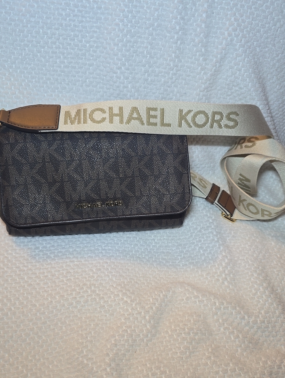 Michael Kors Dark Brown Monogram Crossbody with Cream Logo Strap